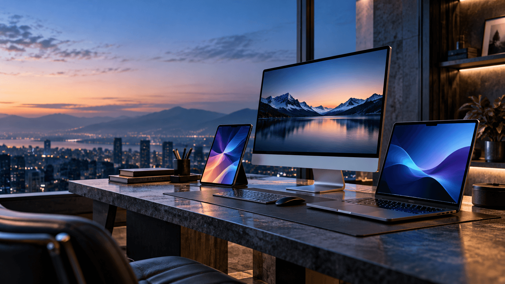 Espace de travail moderne et panoramique avec ordinateur portable, écran de bureau et tablette, illustrant les nouveautés technologiques Apple M6 et OLED de 2026.