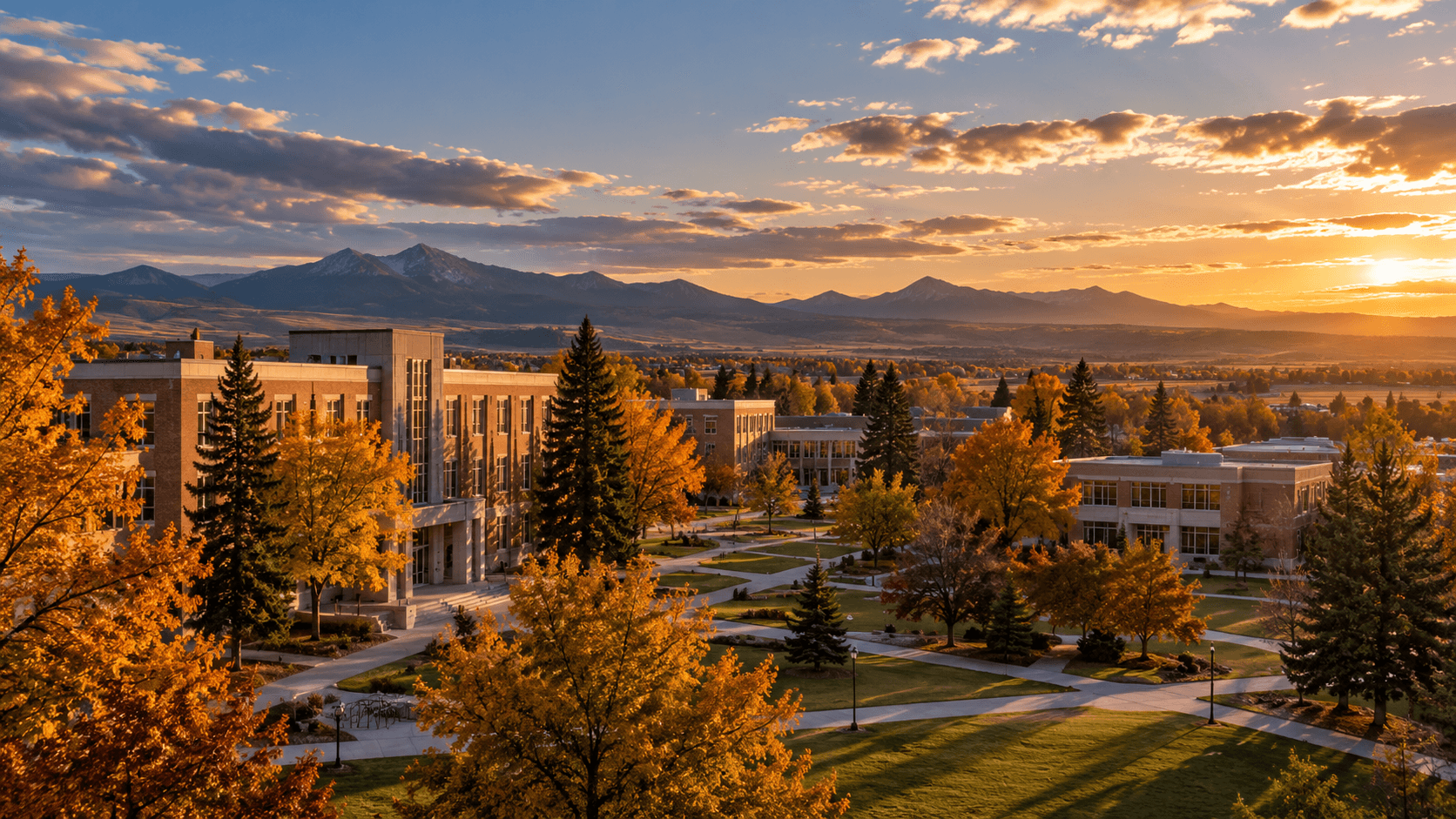 Vue panoramique cinématique d'un campus universitaire américain en automne, illustrant la fermeture annoncée de l'University of Providence au Montana en août 2027