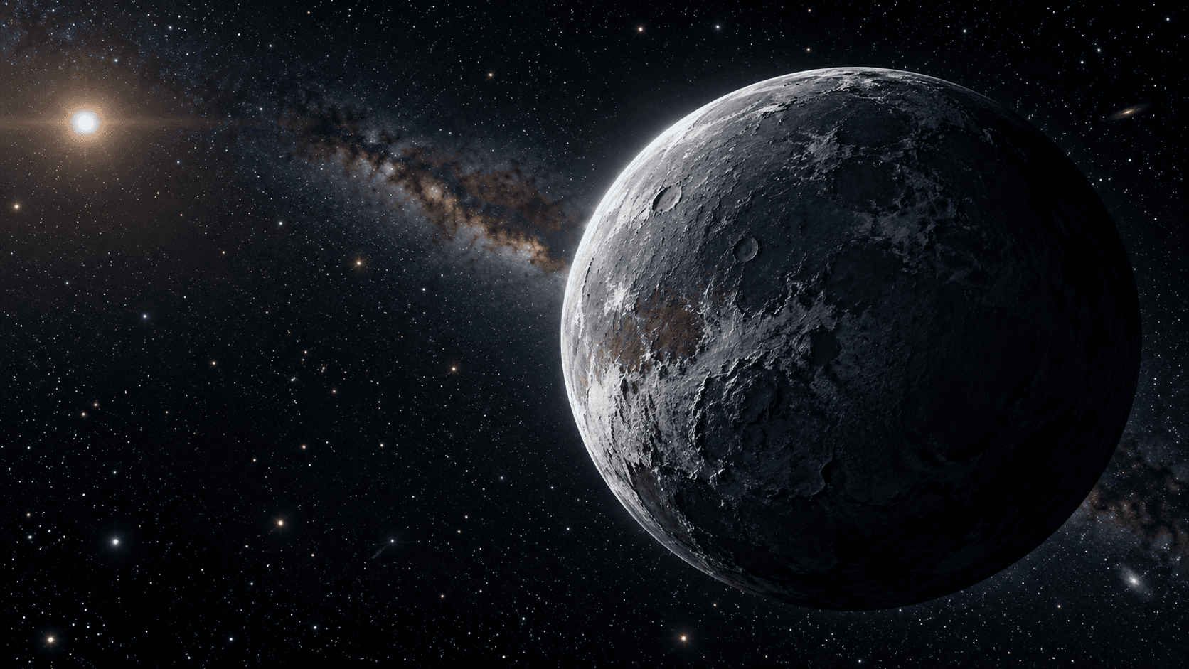 Illustration photoréaliste et cinématique de 2026 ED138, possible planète naine glacée découverte au-delà de Pluton, dans les profondeurs du Système solaire