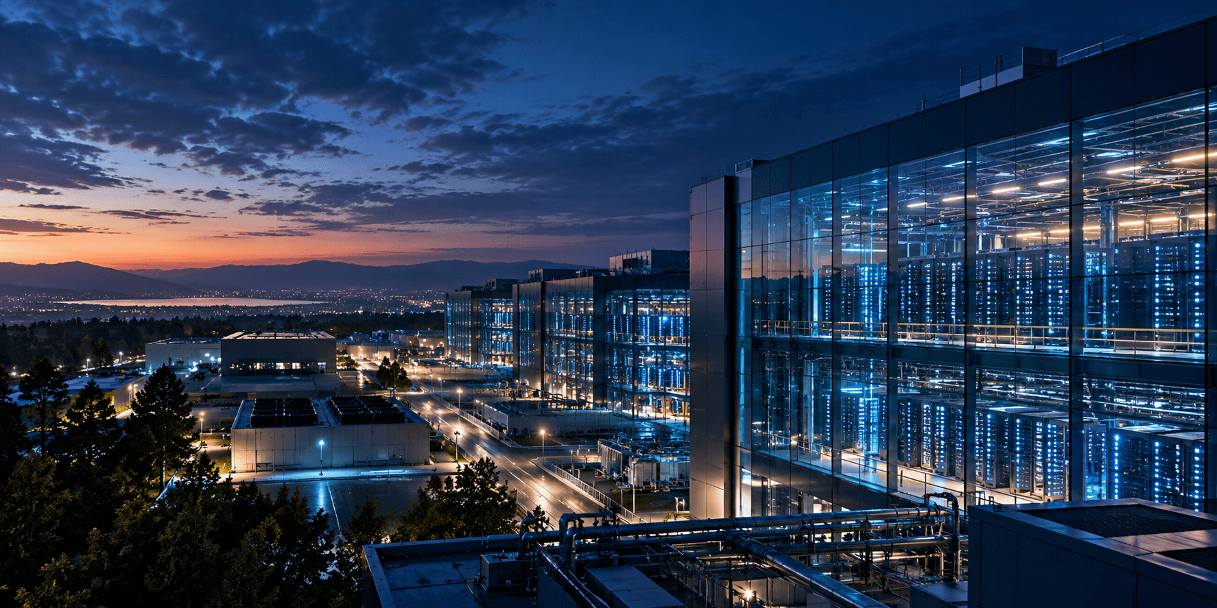 Vue panoramique cinématique d’un centre de données dédié à l’intelligence artificielle, illustrant les investissements d’Alphabet dans Google Cloud en 2026.