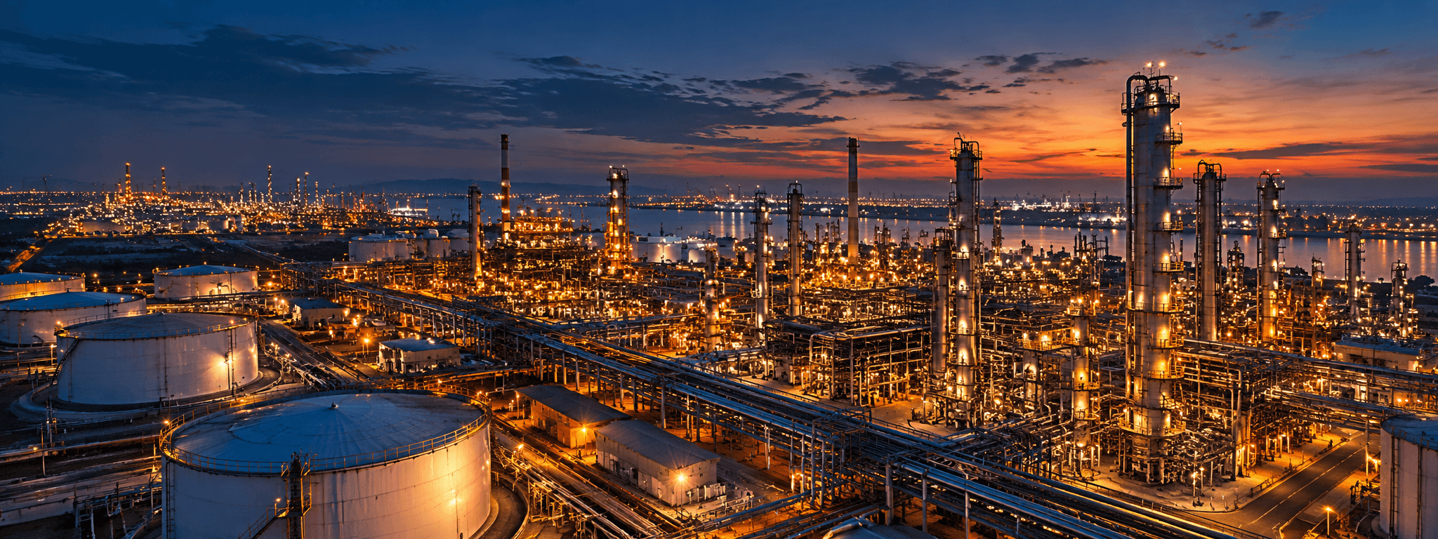 Vue aérienne panoramique d’une raffinerie pétrolière illuminée au crépuscule, illustrant la crise mondiale du raffinage et les tensions sur le diesel en 202