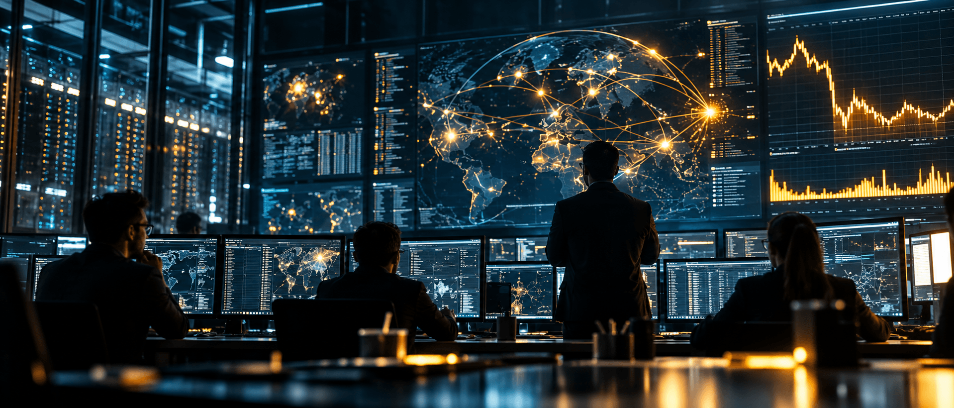 Vue panoramique cinématique d’un centre de cybersécurité surveillant des transactions de cryptomonnaies sur des écrans numériques, illustrant la cyberattaque contre Binance en octobre 2026.