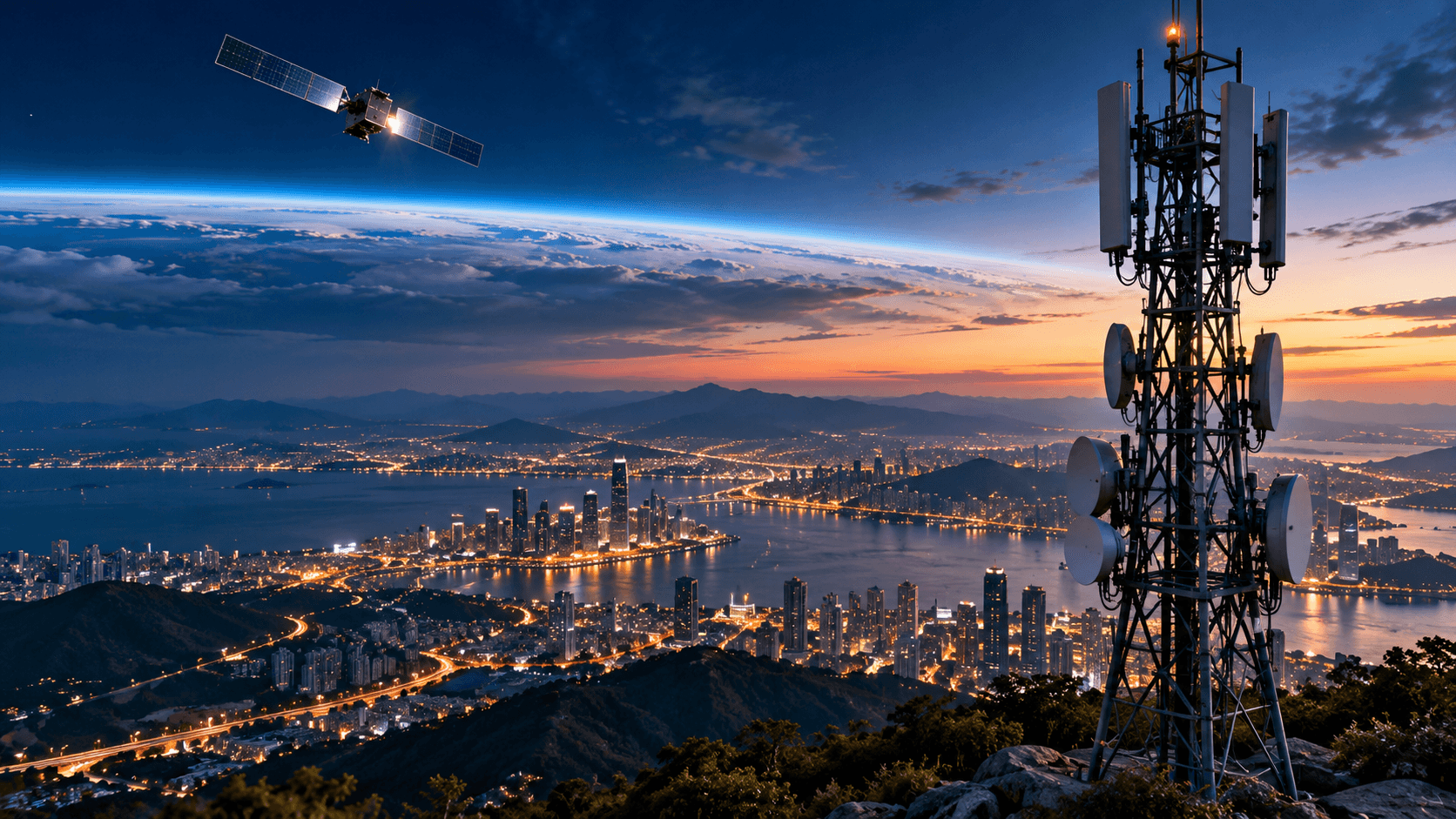 Vue panoramique cinématique d’une antenne de télécommunications surplombant une métropole illuminée, avec un satellite en orbite, illustrant la concurrence entre T-Mobile, SpaceX et les futurs réseaux 6G.