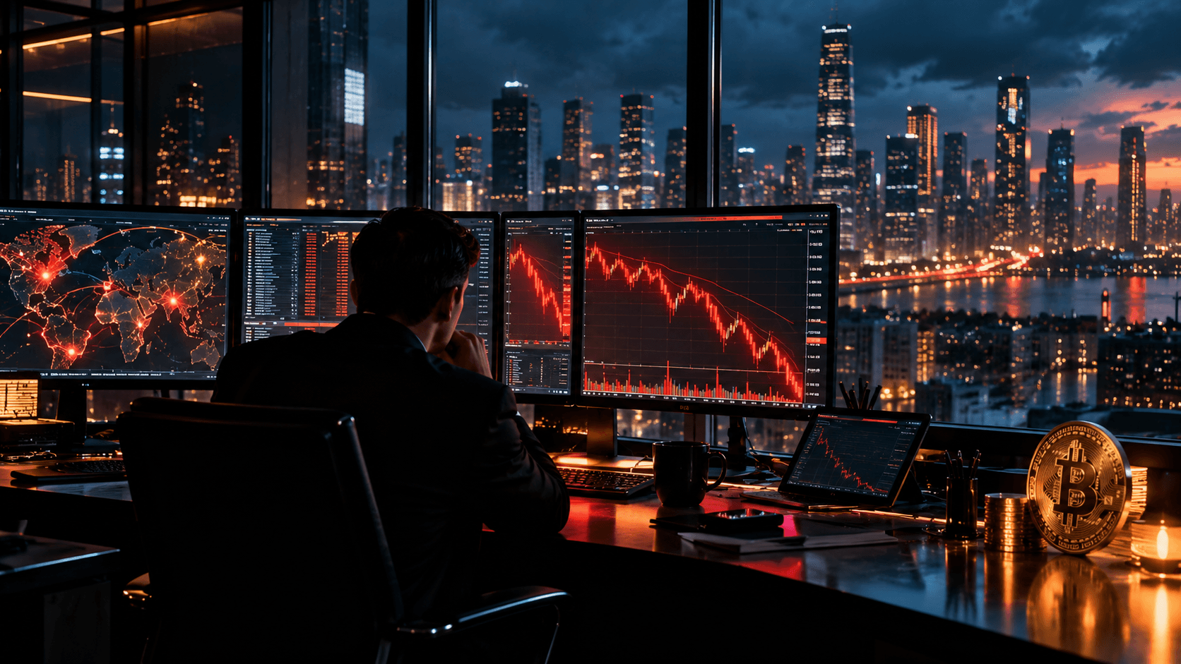 Vue panoramique cinématique d'un trader face à des écrans affichant la chute des cryptomonnaies, avec un bitcoin doré et une ville nocturne en arrière-plan, illustrant la crise du marché crypto en octobre 2026.