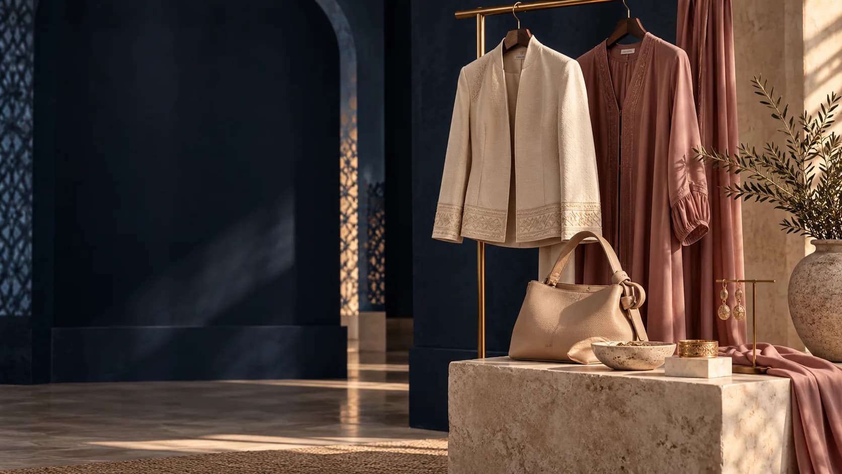 Illustration : vêtements et accessoires dans un showroom aux tons rose et bleu nuit.